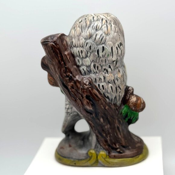 Vintage Hand-Painted Ceramic Owl Figurine Statue With Tree & Acorns - Picture 9 of 10